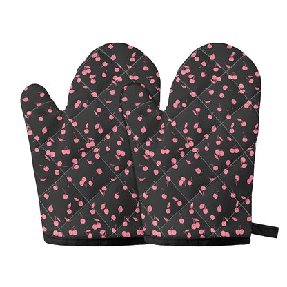Pink Cherry Pattern Print Oven Mitts