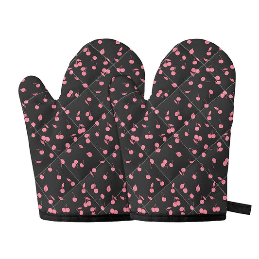 Pink Cherry Pattern Print Oven Mitts