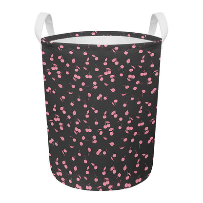 Pink Cherry Pattern Print Round Laundry Basket