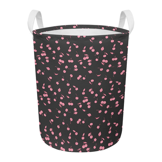 Pink Cherry Pattern Print Round Laundry Basket