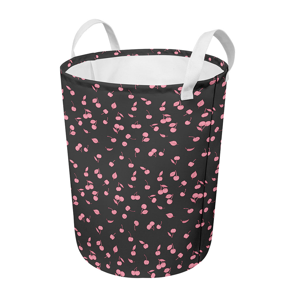 Pink Cherry Pattern Print Round Laundry Basket