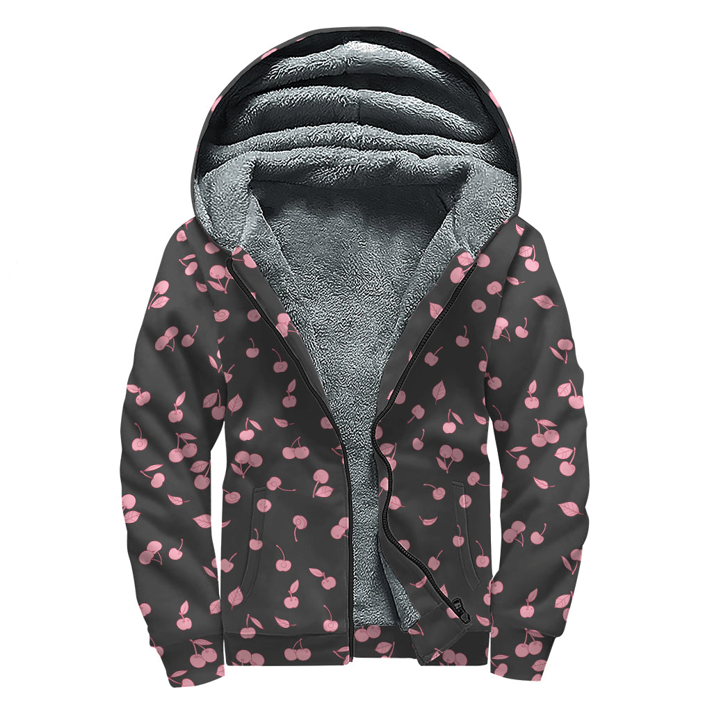 Pink Cherry Pattern Print Sherpa Lined Zip Up Hoodie