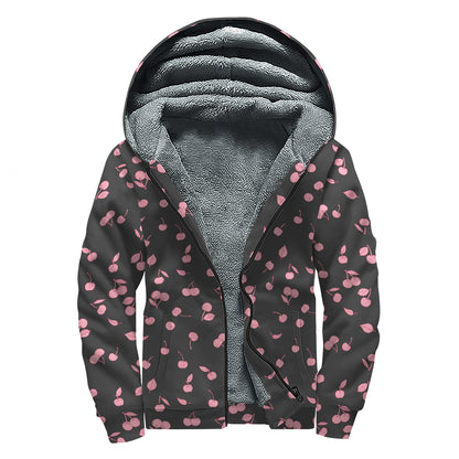 Pink Cherry Pattern Print Sherpa Lined Zip Up Hoodie
