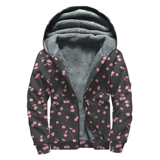 Pink Cherry Pattern Print Sherpa Lined Zip Up Hoodie
