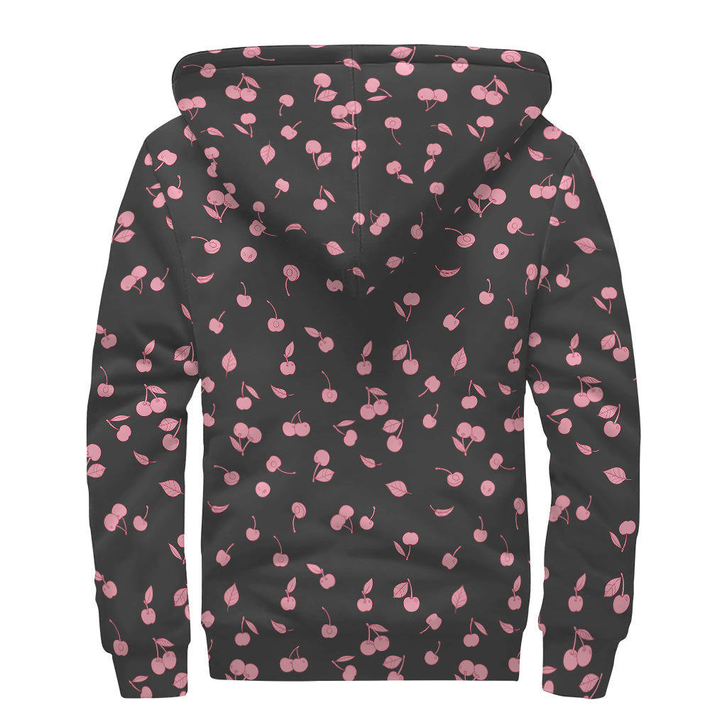 Pink Cherry Pattern Print Sherpa Lined Zip Up Hoodie