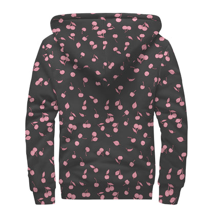 Pink Cherry Pattern Print Sherpa Lined Zip Up Hoodie