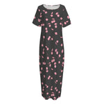 Pink Cherry Pattern Print Short Sleeve Long Nightdress