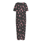 Pink Cherry Pattern Print Short Sleeve Long Nightdress