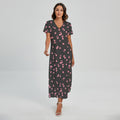 Pink Cherry Pattern Print Short Sleeve Maxi Dress
