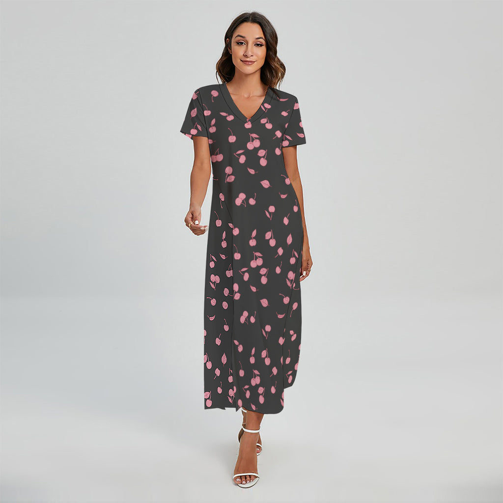 Pink Cherry Pattern Print Short Sleeve Maxi Dress