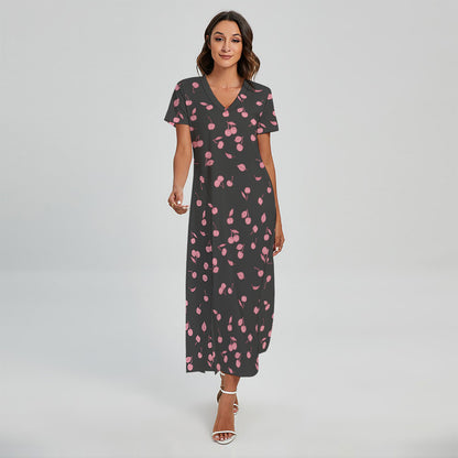 Pink Cherry Pattern Print Short Sleeve Maxi Dress