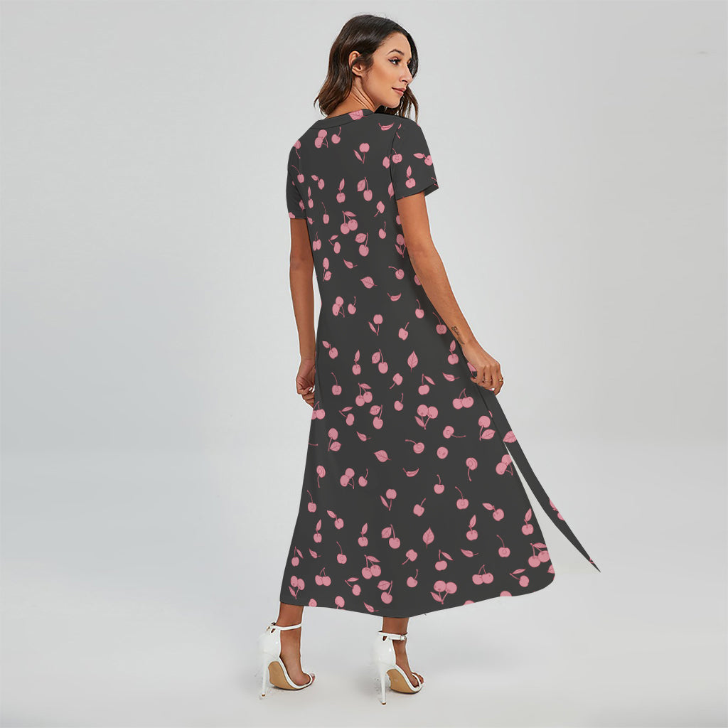 Pink Cherry Pattern Print Short Sleeve Maxi Dress