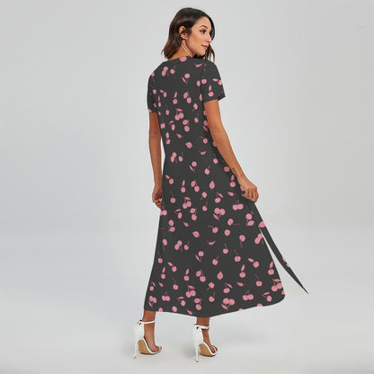 Pink Cherry Pattern Print Short Sleeve Maxi Dress