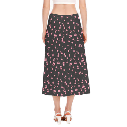 Pink Cherry Pattern Print Side Slit Midi Skirt