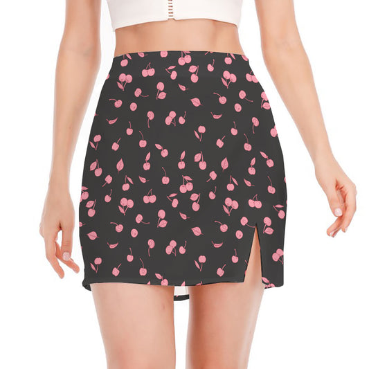 Pink Cherry Pattern Print Side Slit Mini Skirt