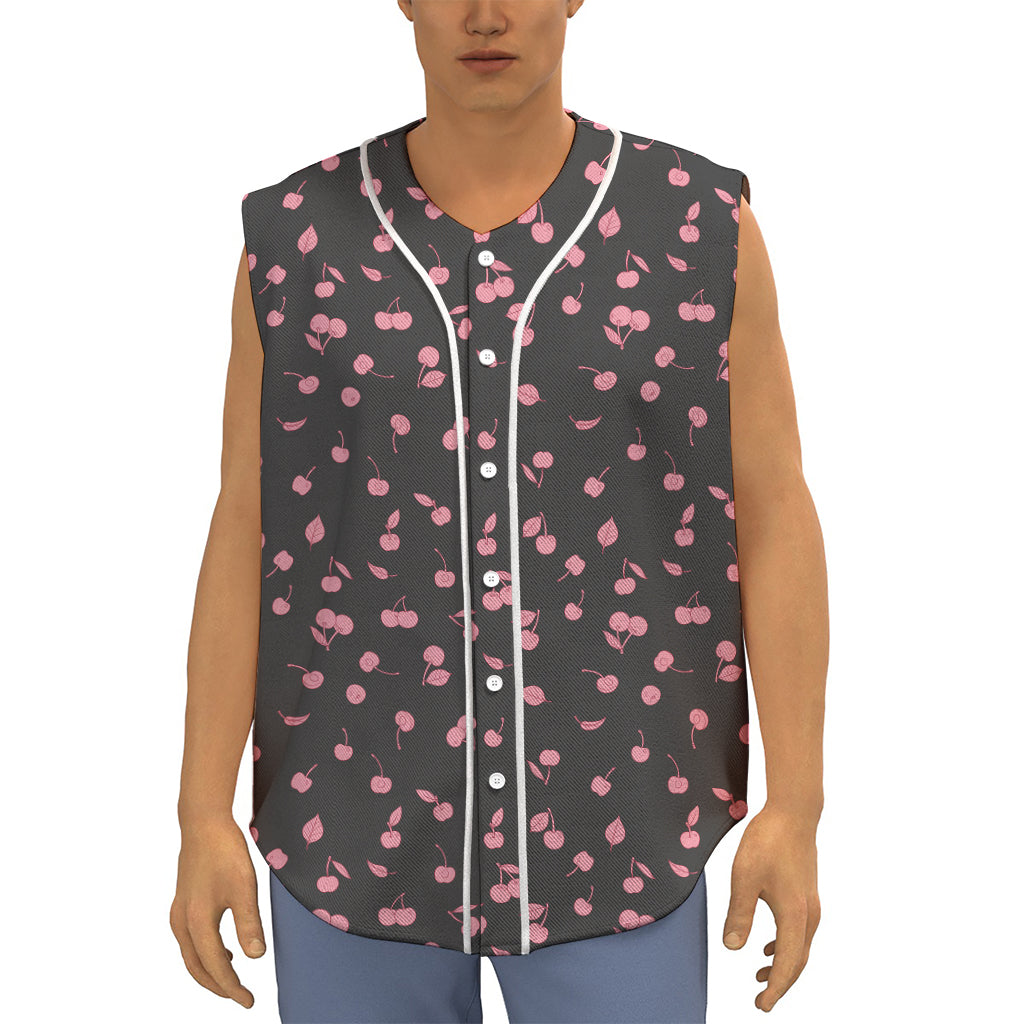 Pink Cherry Pattern Print Sleeveless Baseball Jersey