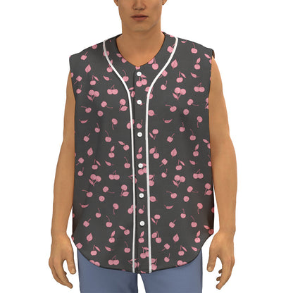 Pink Cherry Pattern Print Sleeveless Baseball Jersey