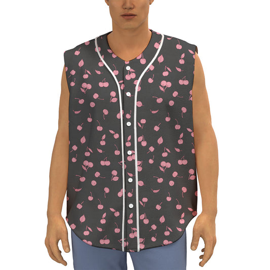 Pink Cherry Pattern Print Sleeveless Baseball Jersey