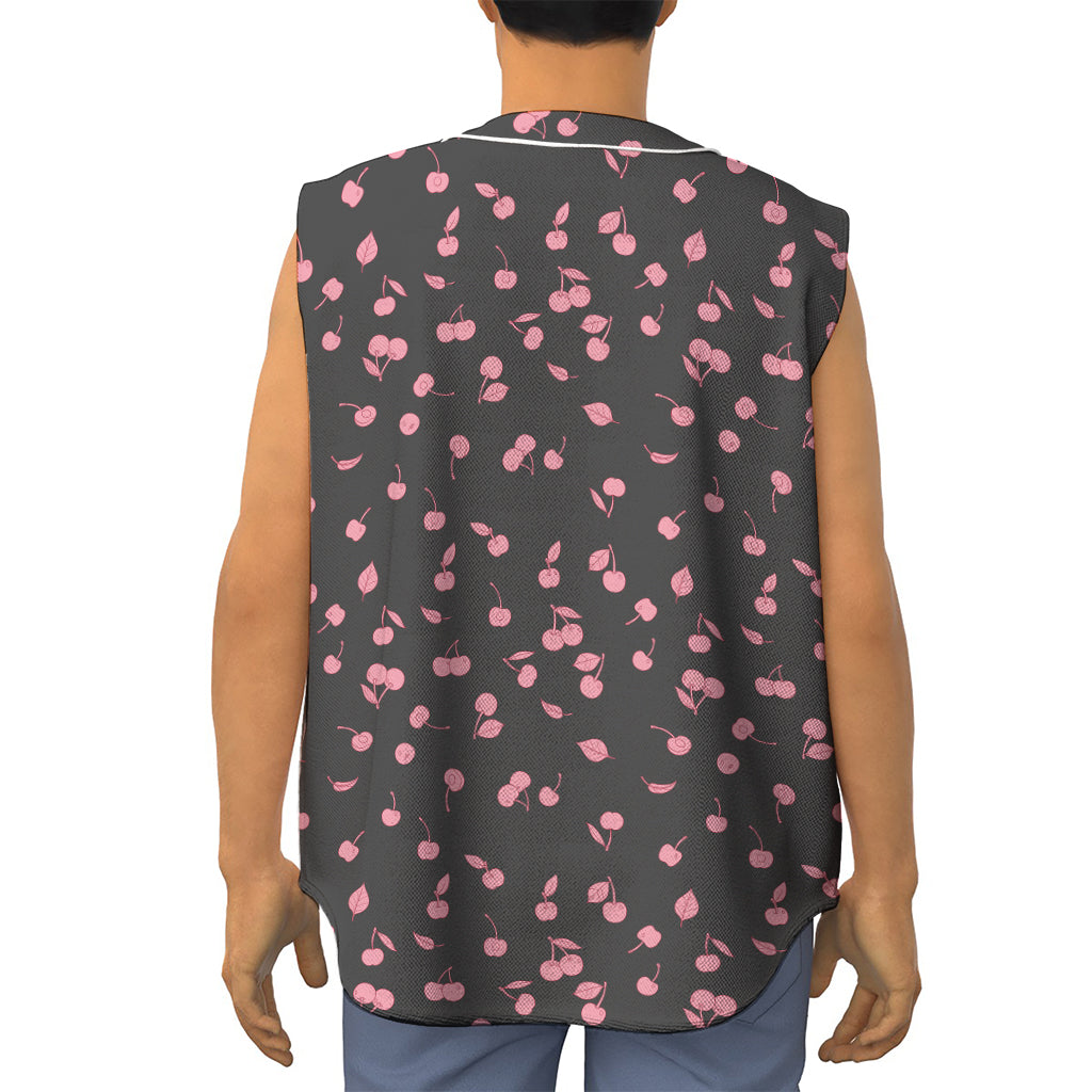 Pink Cherry Pattern Print Sleeveless Baseball Jersey