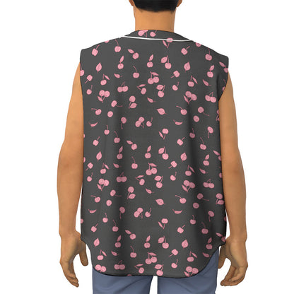 Pink Cherry Pattern Print Sleeveless Baseball Jersey