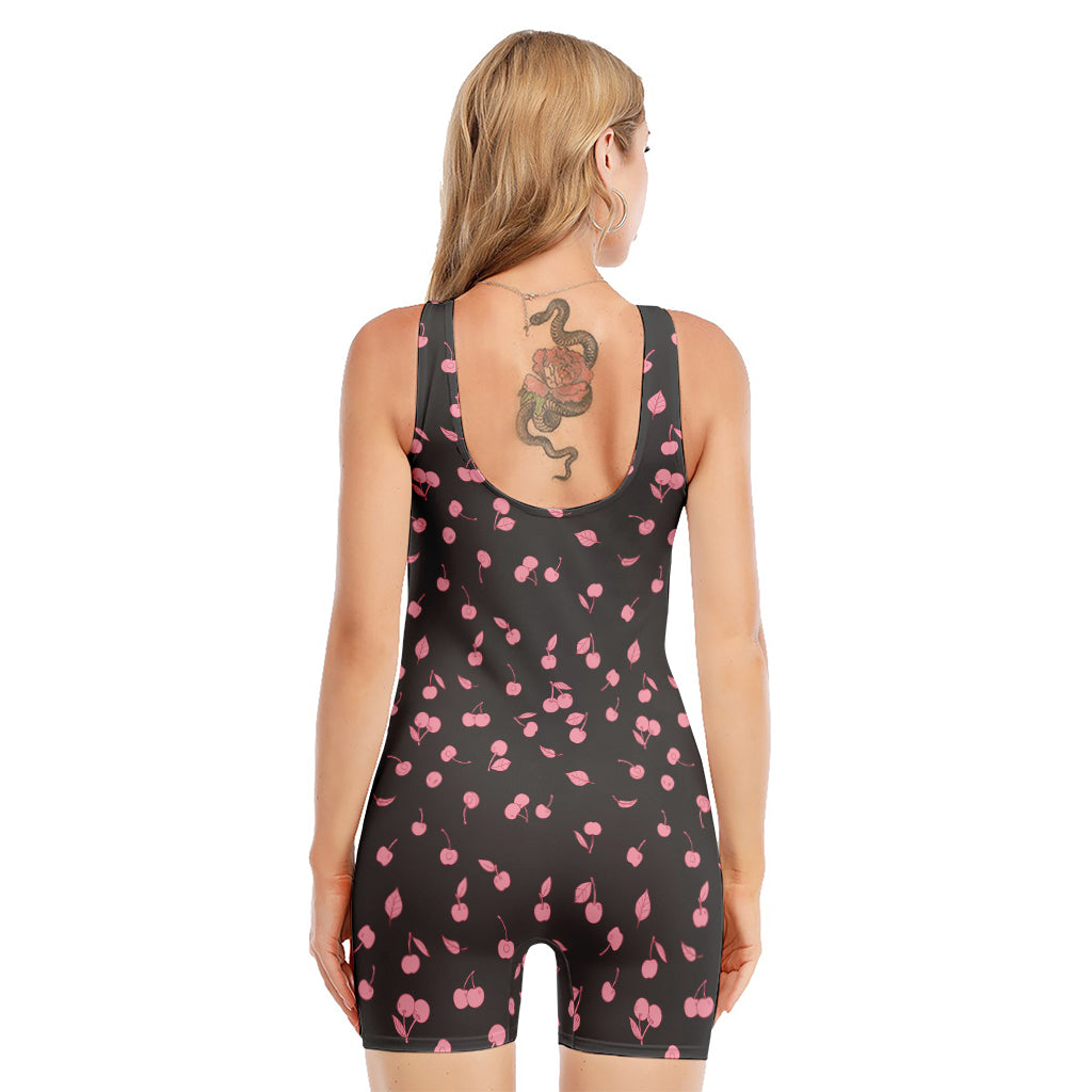 Pink Cherry Pattern Print Sleeveless One Piece Swimsuit