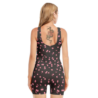 Pink Cherry Pattern Print Sleeveless One Piece Swimsuit