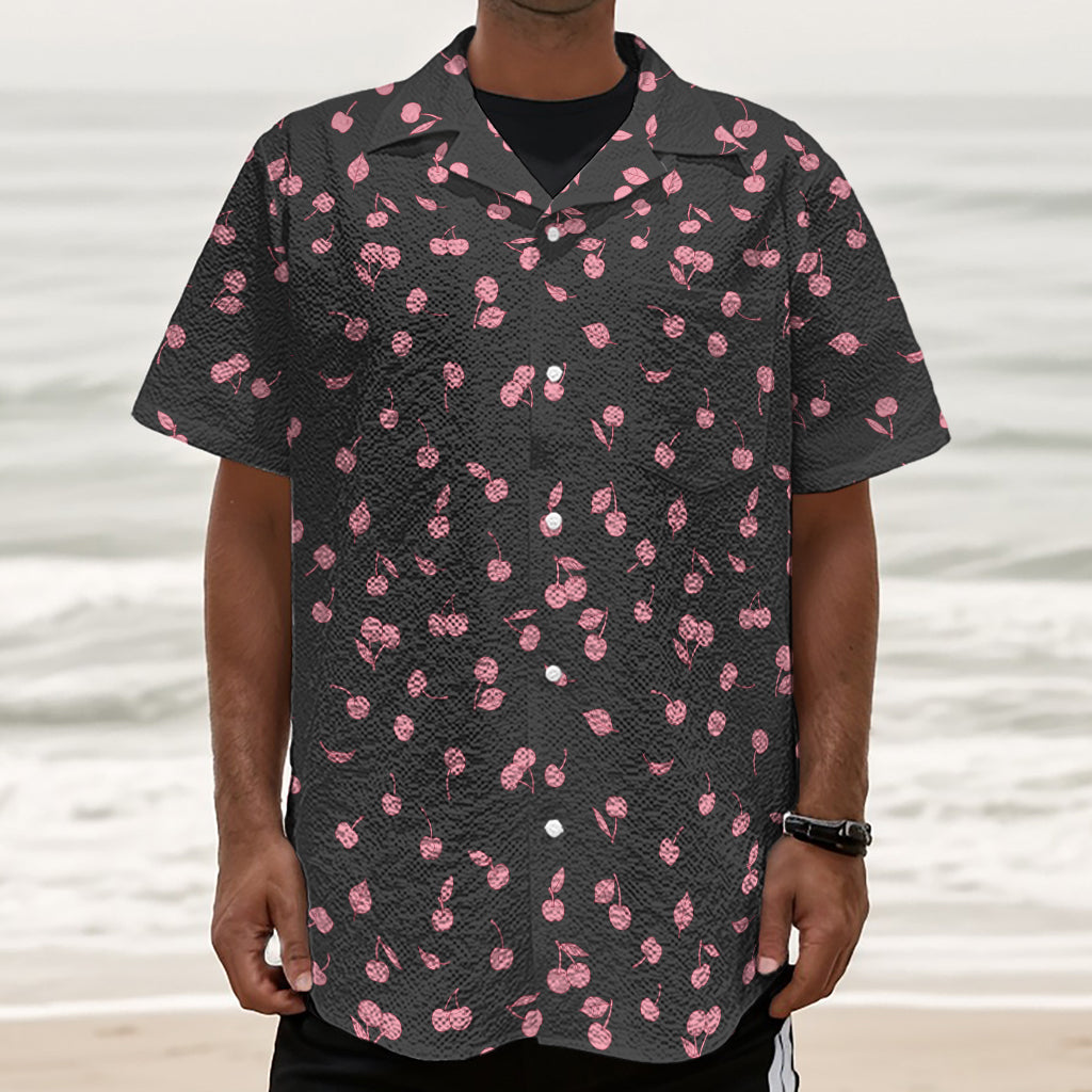 Pink Cherry Pattern Print Textured Short Sleeve Shirt