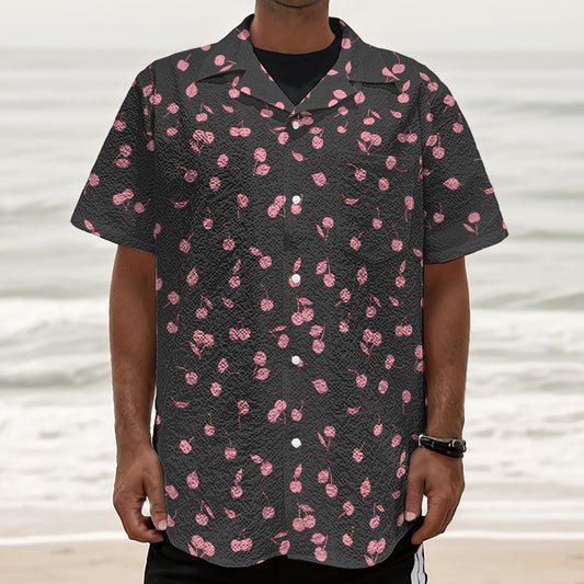 Pink Cherry Pattern Print Textured Short Sleeve Shirt