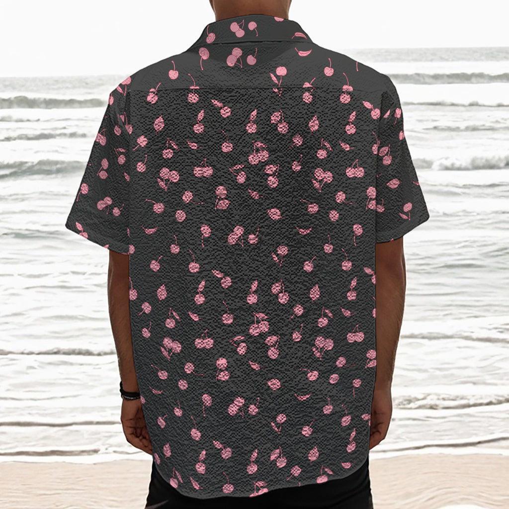 Pink Cherry Pattern Print Textured Short Sleeve Shirt