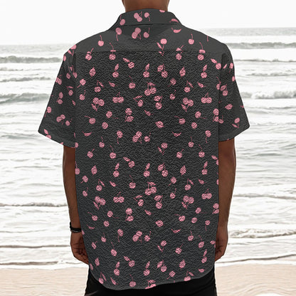 Pink Cherry Pattern Print Textured Short Sleeve Shirt