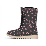 Pink Cherry Pattern Print Winter Boots