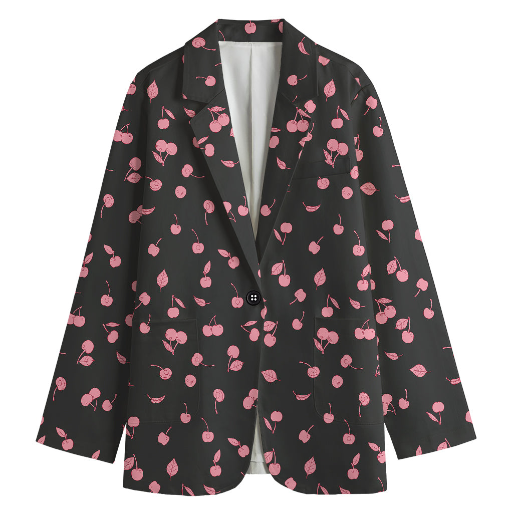 Pink Cherry Pattern Print Women's Cotton Blazer