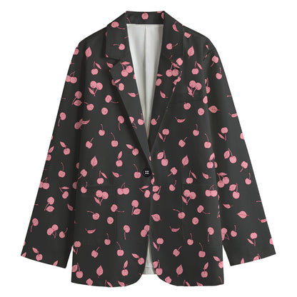 Pink Cherry Pattern Print Women's Cotton Blazer
