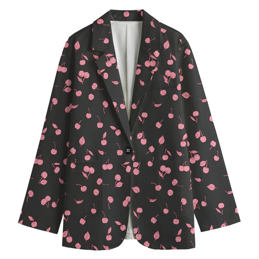 Pink Cherry Pattern Print Women's Cotton Blazer