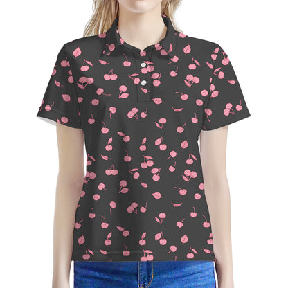 Pink Cherry Pattern Print Women's Polo Shirt