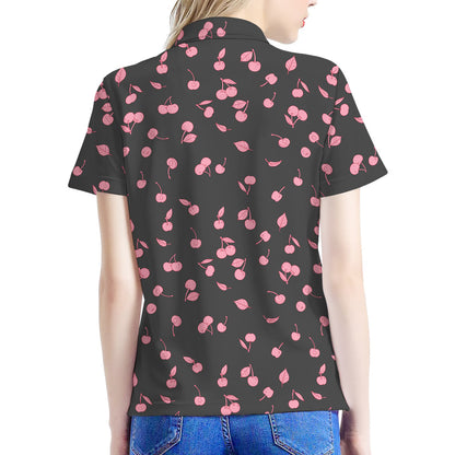 Pink Cherry Pattern Print Women's Polo Shirt
