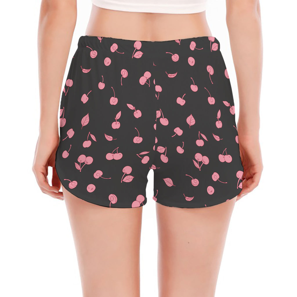 Pink Cherry Pattern Print Women's Split Running Shorts