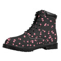Pink Cherry Pattern Print Padded Collar Lace Up Boots