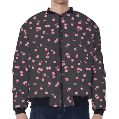 Pink Cherry Pattern Print Zip Sleeve Bomber Jacket