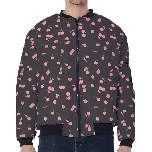 Pink Cherry Pattern Print Zip Sleeve Bomber Jacket