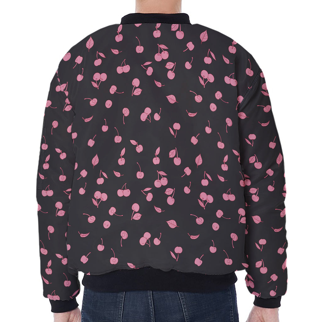 Pink Cherry Pattern Print Zip Sleeve Bomber Jacket