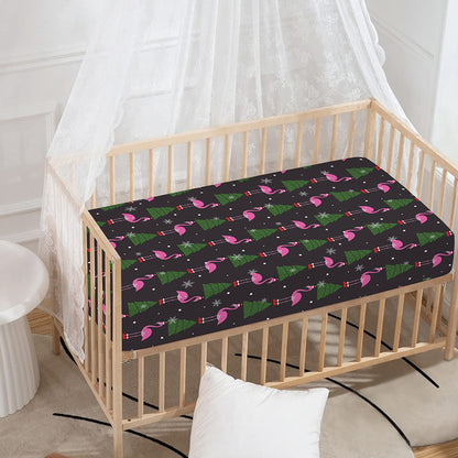 Pink Christmas Flamingo Pattern Print Baby Crib Sheet