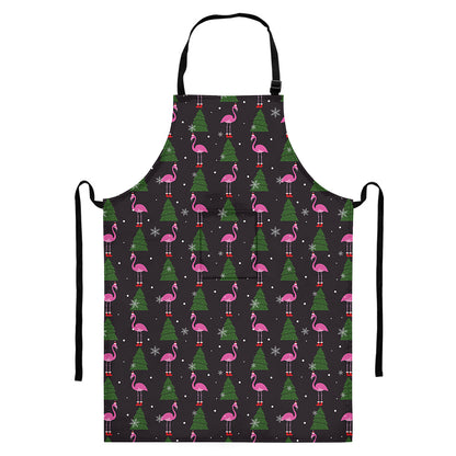 Pink Christmas Flamingo Pattern Print Bib Apron With Pocket