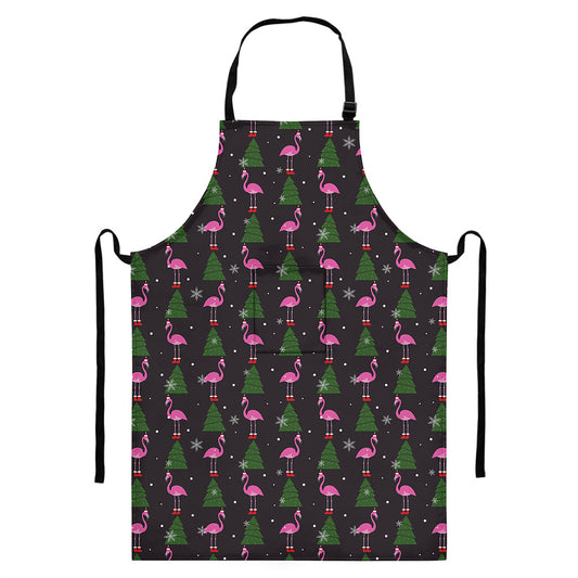 Pink Christmas Flamingo Pattern Print Bib Apron With Pocket