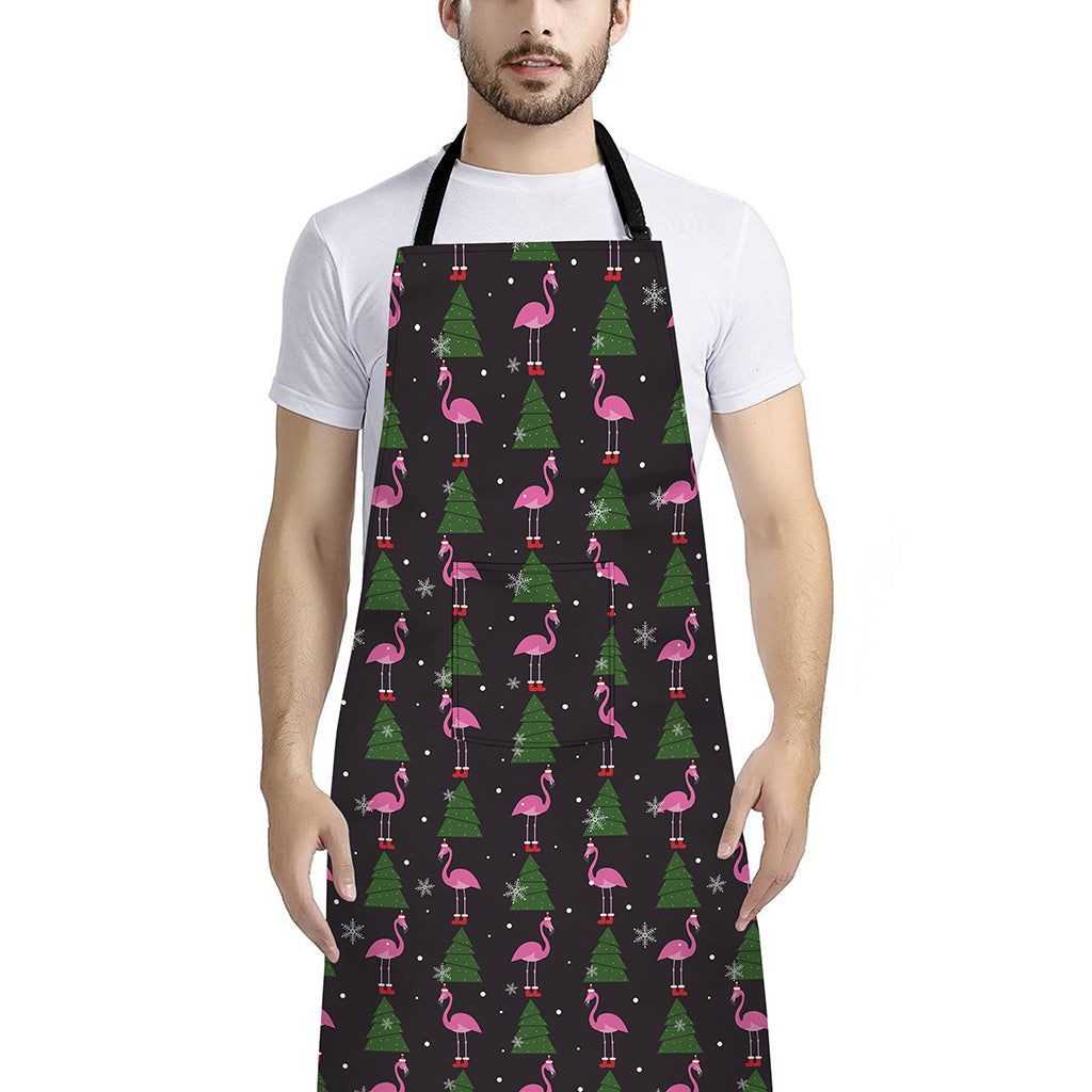 Pink Christmas Flamingo Pattern Print Bib Apron With Pocket