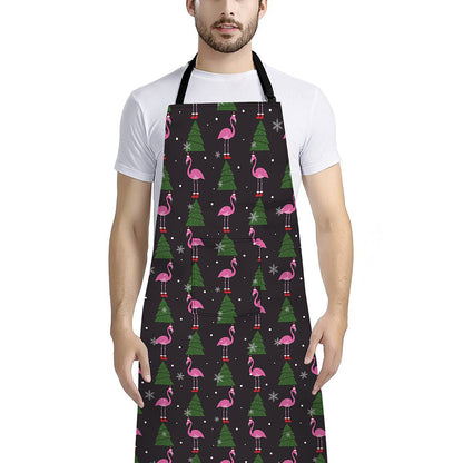 Pink Christmas Flamingo Pattern Print Bib Apron With Pocket