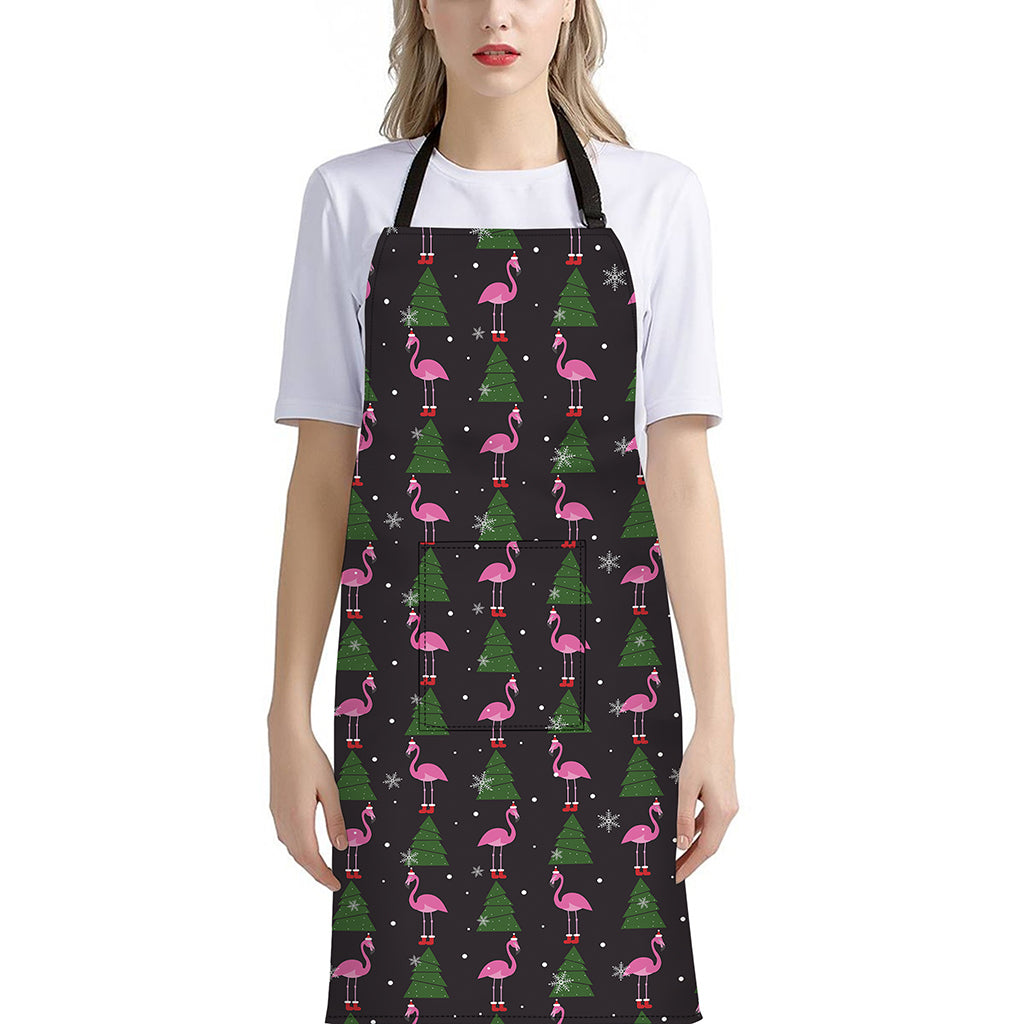 Pink Christmas Flamingo Pattern Print Bib Apron With Pocket