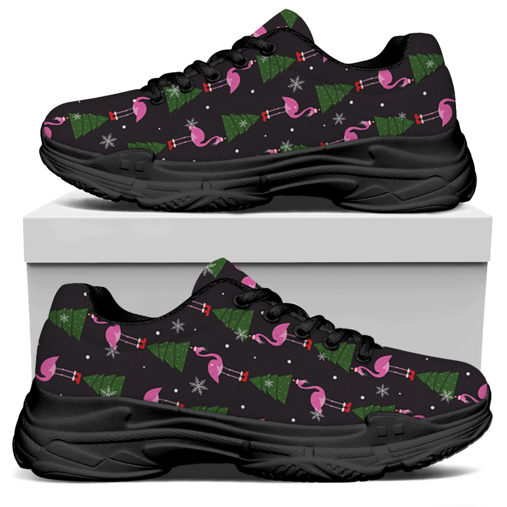 Pink Christmas Flamingo Pattern Print Black Chunky Shoes