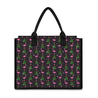 Pink Christmas Flamingo Pattern Print Canvas Tote Bag
