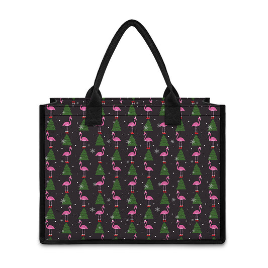 Pink Christmas Flamingo Pattern Print Canvas Tote Bag